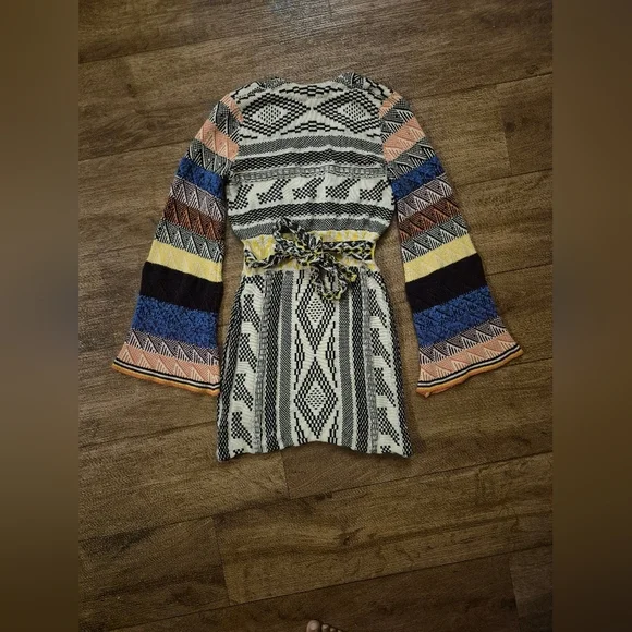 FREE PEOPLE XS Multicolor Patchwork Long Bell Sleeve Sweater Dress - Picture 5 of 10